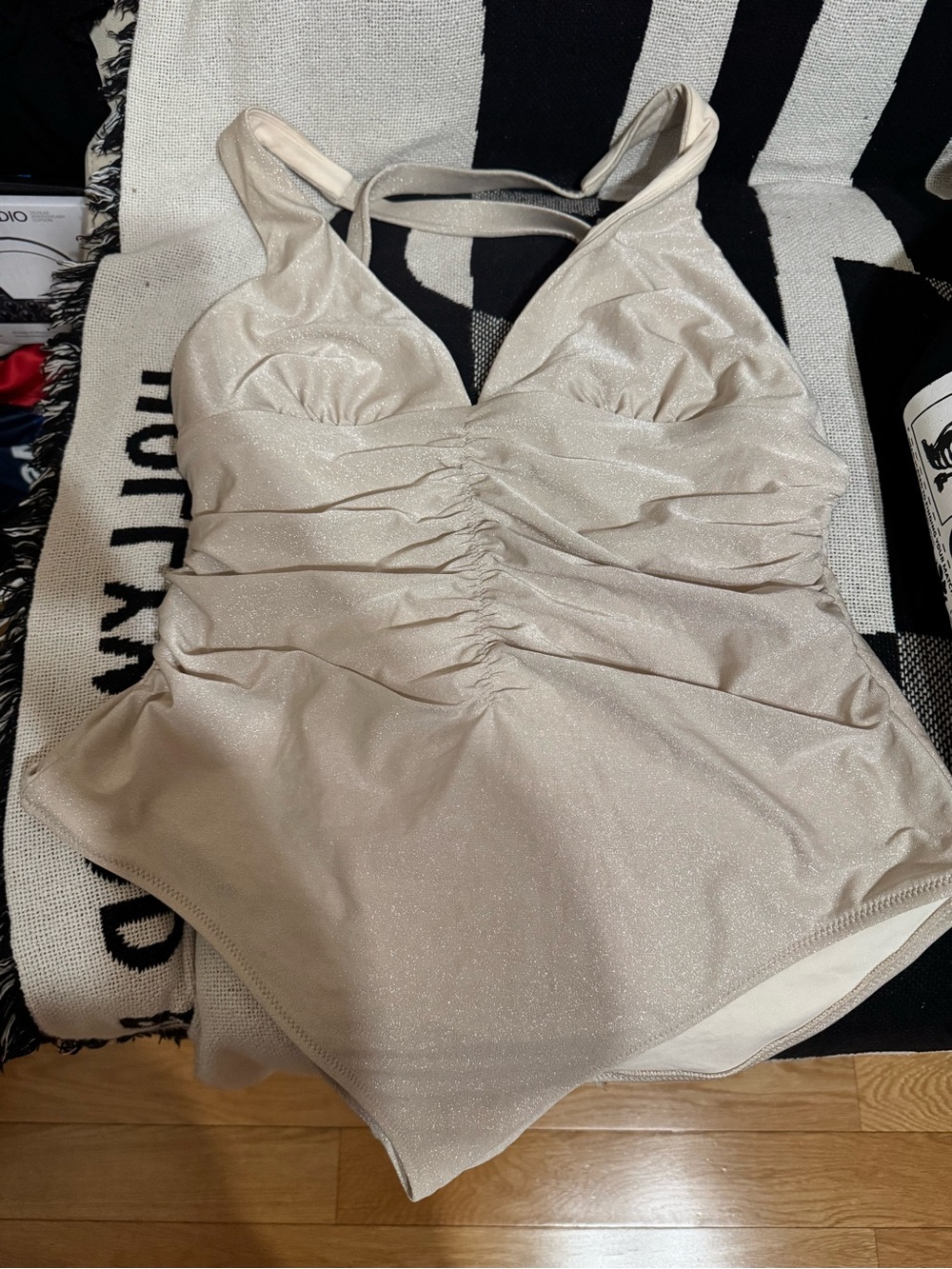 Shimmery Cream Ruched One-Piece Swimsuit